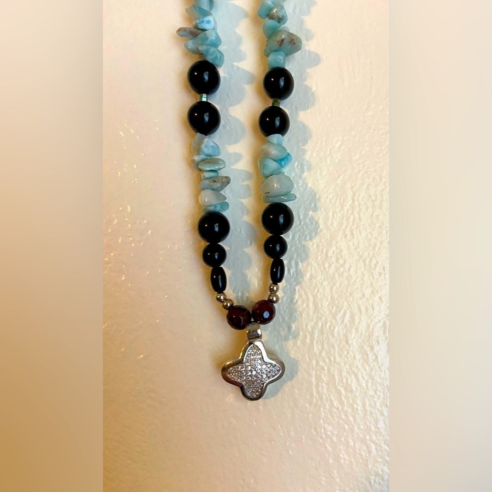NWT Real Larimar, Garnet, and Black Onyx Necklace with Pendant!